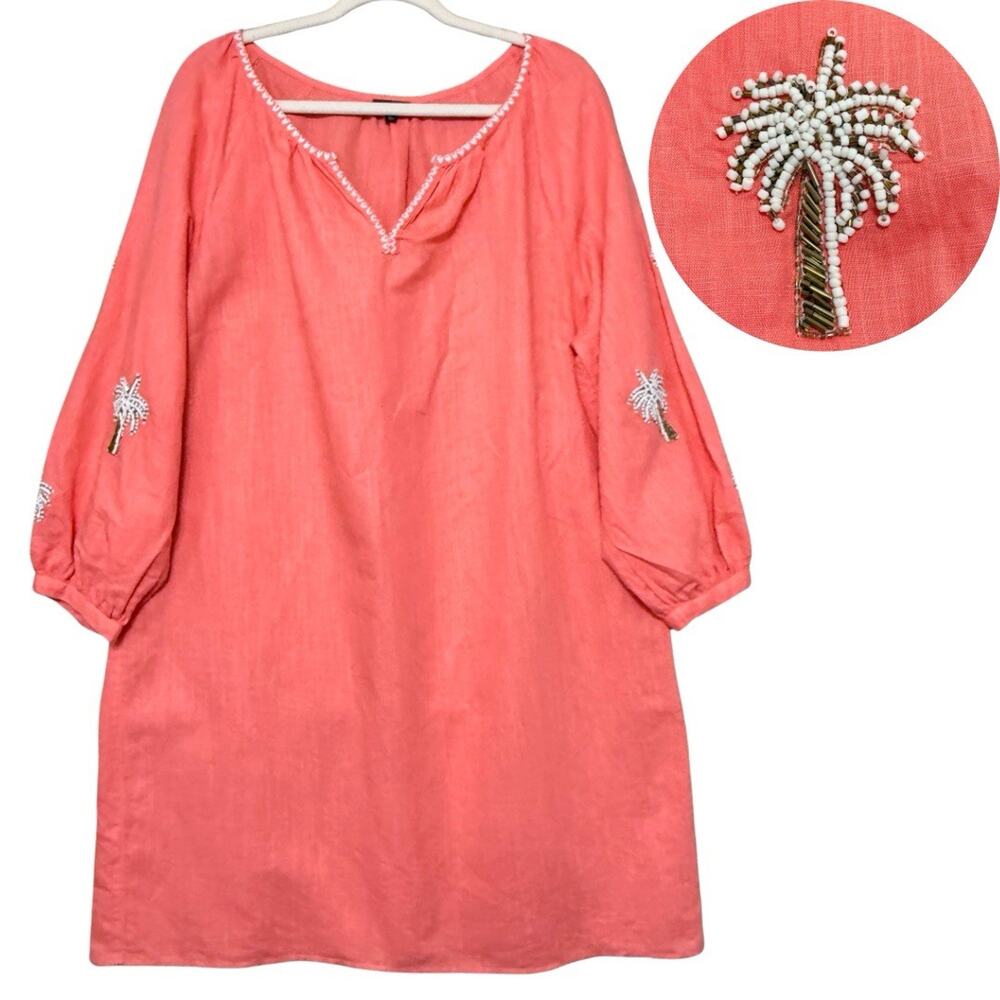 Talbots Beaded Palm Linen Blend Shift Dress Size XL Coral Embroidered Notch Neck